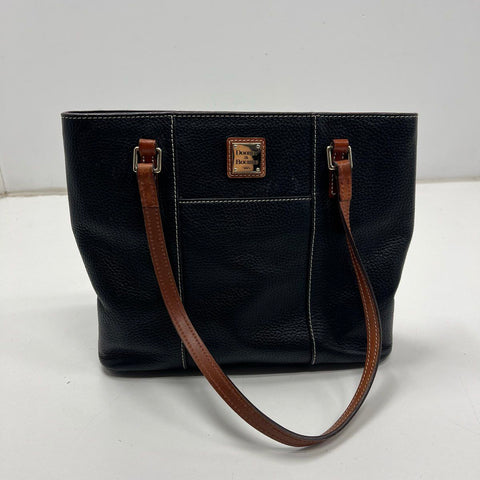 Dooney & Bourke Black Pebbled Leather Brown Trim Tote Shoulder Bag Gold Hardware
