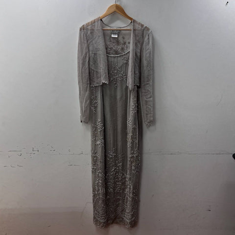 Adrianna Papell Occasions Women's Gray Silk Beaded Gown Bolero Set Size P12