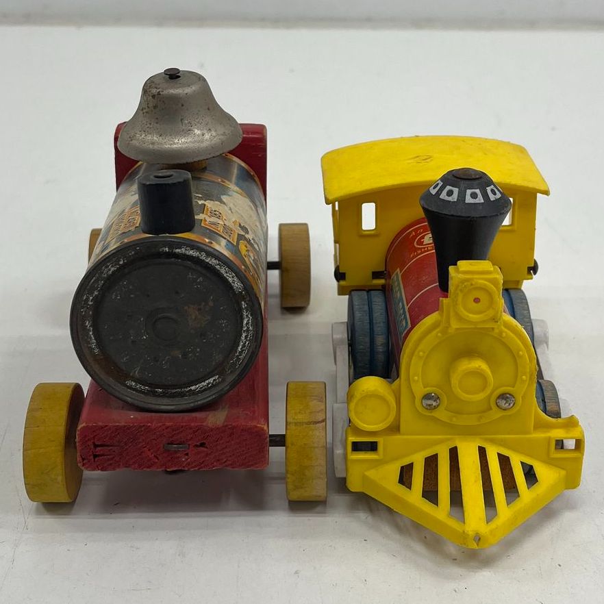 Vintage 60s Fisher Price Wood Pull Toy Train Lot Toot-Toot & No. 485 Choo Choo