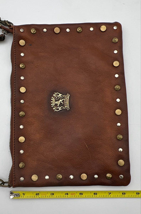 Pratesi Brown Leather Studded Crossbody Bag Clutch Made in Italy