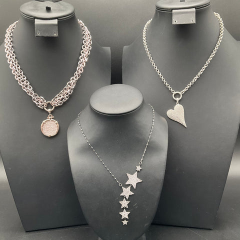 Alexa Rae Miranda Clara Silver Tone Necklace Lot of 3 Pavé Star Heart Coin