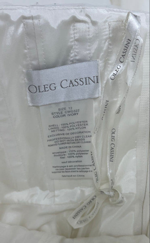 Oleg Cassini CWG322 Ivory Strapless Tea-Length Beaded Tulle Wedding Dress Sze 12