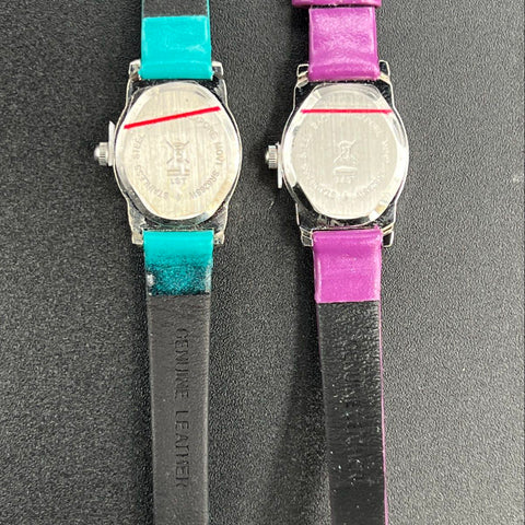 Avon Lot of 2 Womens Watches Teal & Purple Leather Strap Diamond Accent Oval