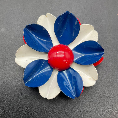 Vintage Red White Blue Flower Enamel Brooch Patriotic Mid-Century Style 2.25"