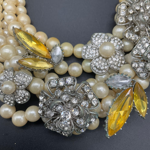 Betsey Johnson Silver Tone Multi Strand Faux Pearl Floral Statement Necklace 18"