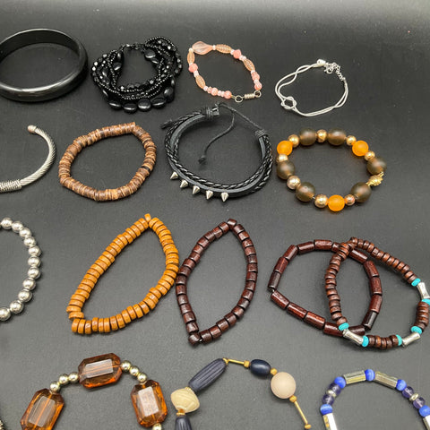 Vintage & Modern Costume Jewelry Lot of 30 Beaded Bangle Cuff Bracelets Boho