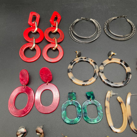 Fashion Earring Lot 15 Pairs Statement Hoops Resin Acrylic Faux Leather Boho