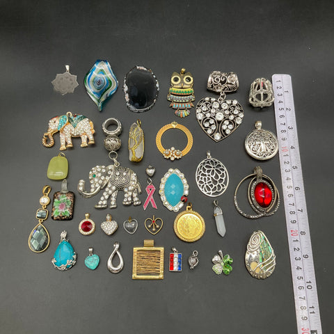 Vintage to Modern Costume Jewelry Pendant Lot 35+ Pc Rhinestone Figural Stones