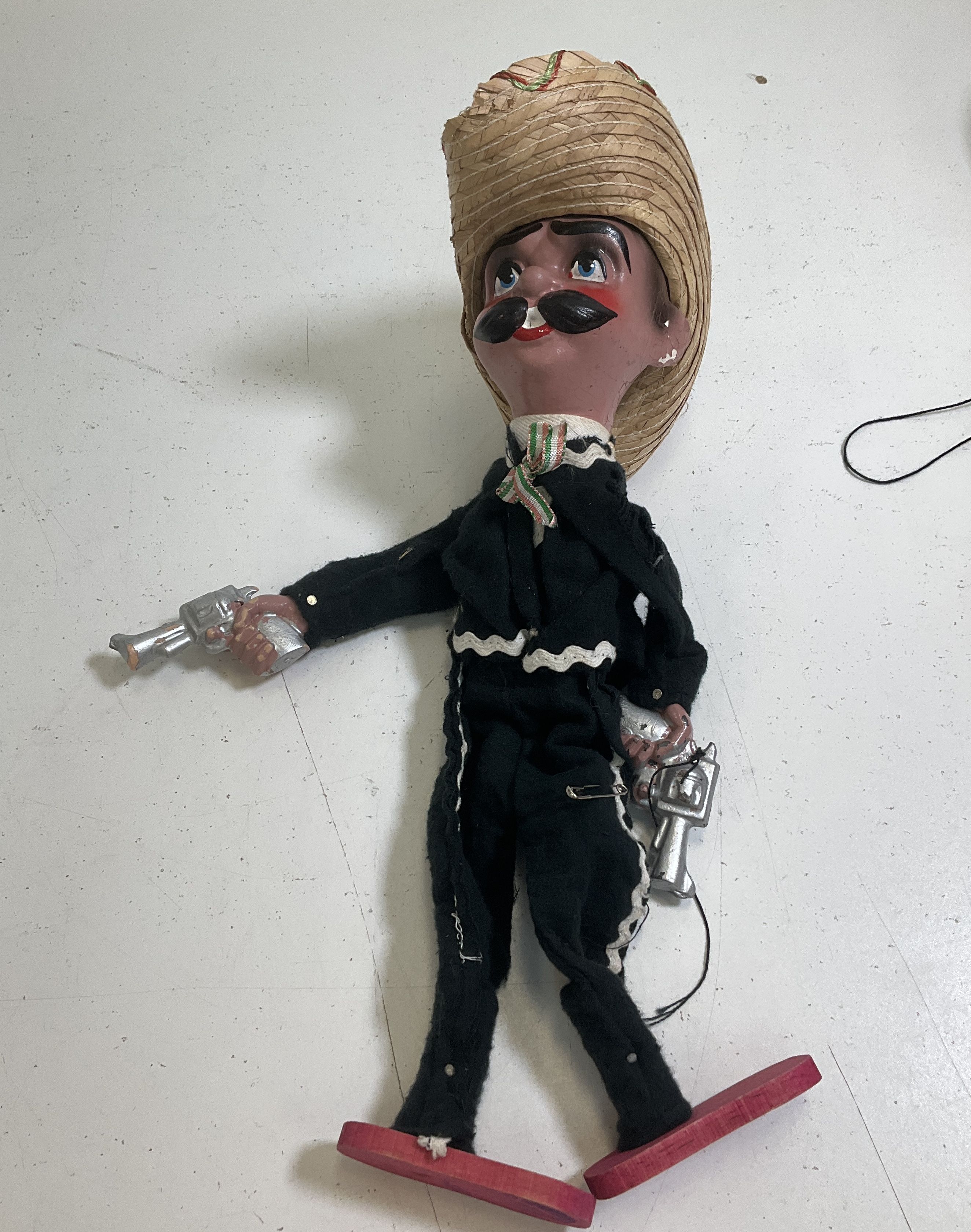 Vintage Mexican Folk Art Marionette Puppets Mariachi Gunslinger Lot of 2 13"
