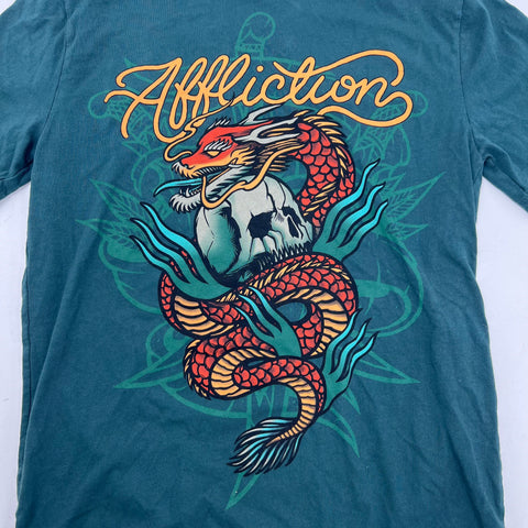 Affliction Dragon Skull Tiger Dagger Graphic T-Shirt Womens Sz M