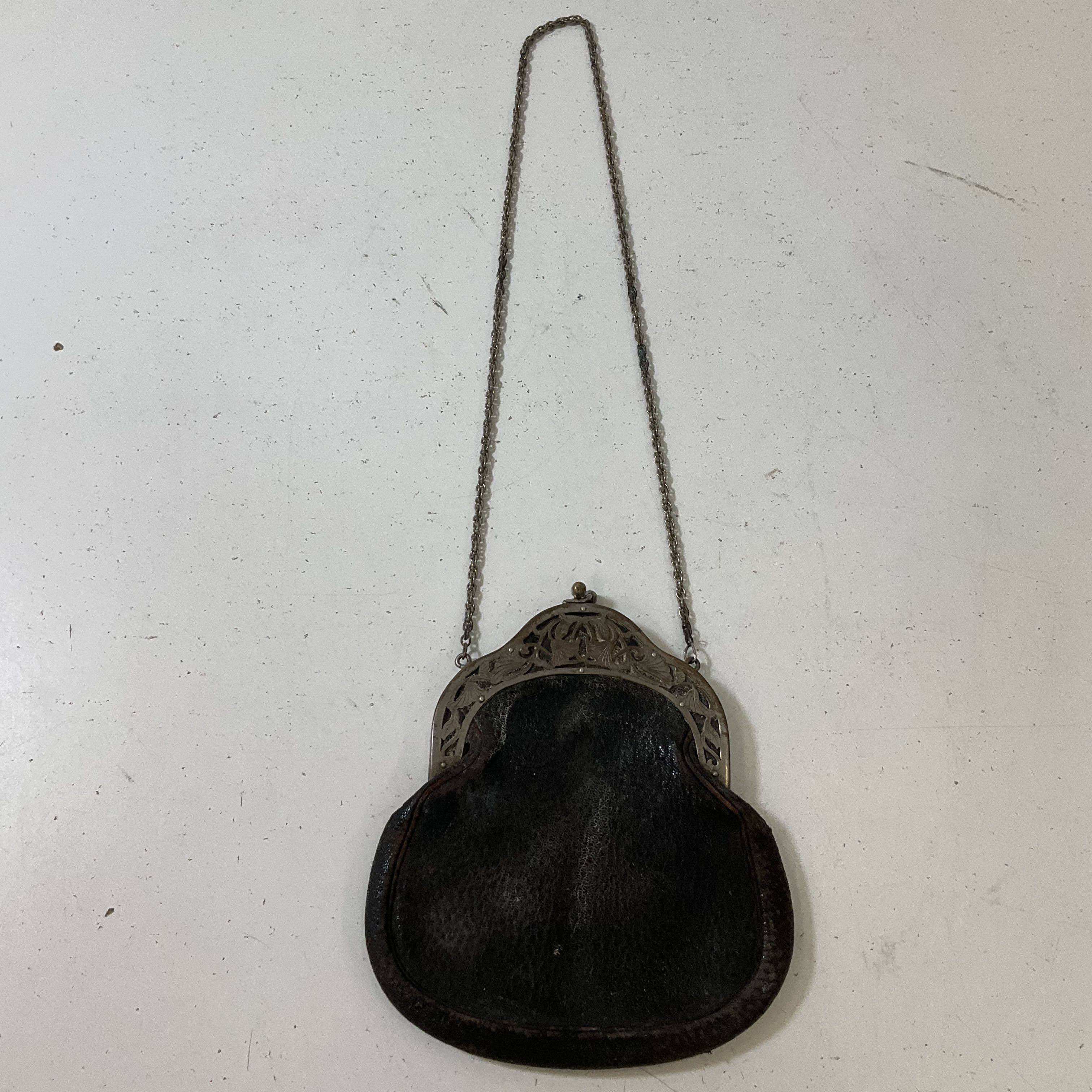 Antique Art Nouveau Repousse Frame Black Leather Kiss Lock Purse Handbag