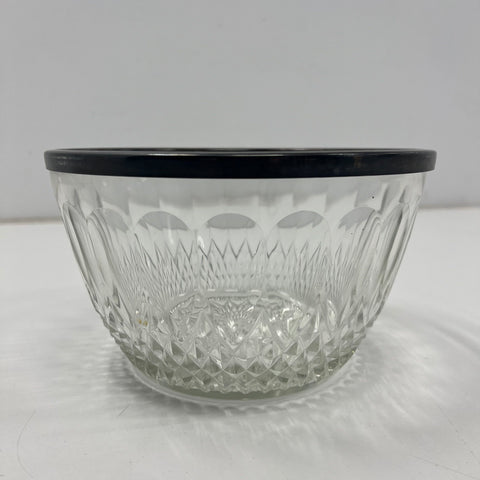 Vintage Mid-Century Cut Glass Salad Bowl Silver Plate Rim Starburst 8.5"