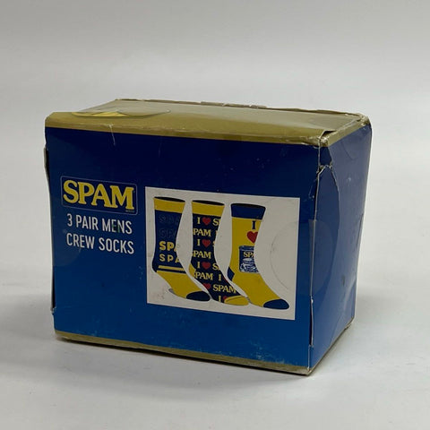SPAM Men's 3 Pair Crew Socks Blue Yellow Novelty Food Logo New in Box Sz 10-13