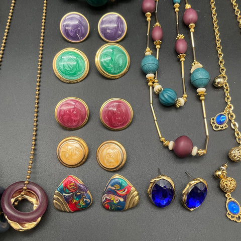 Vintage 1980s Jewel Tones Gold Tone Jewelry Lot 14pc Necklaces Earrings Lucite