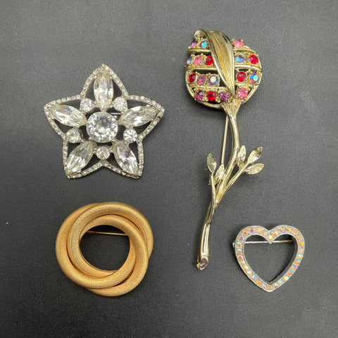 Vintage Costume Jewelry Lot 5 Brooches Enamel Bird Star Heart Floral