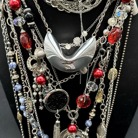 Fashion Jewelry Lot 15+ Necklaces Silver Tone Fortune Cookie Heart Beaded Mix