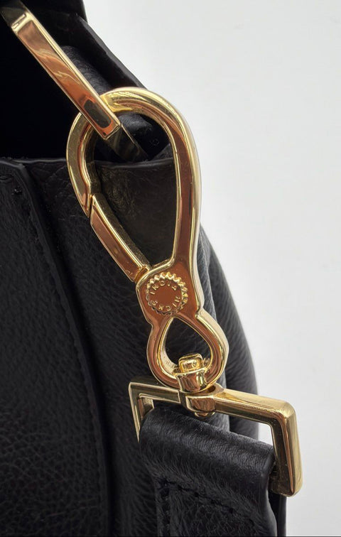 India Hicks Black Pebbled Leather Large Tote Satchel Bag Gold Hardware