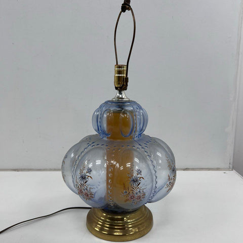 Carl Falkenstein Blue Glass Floral Table Lamp Brass Base Vintage Works