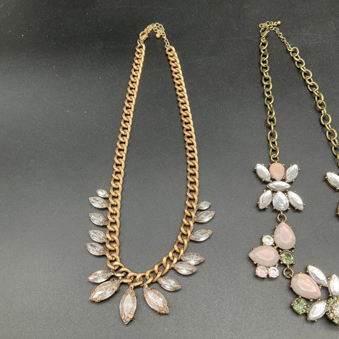 Statement Costume Jewelry Lot of 3 Gold Tone Necklaces Pink Green Clear Stones