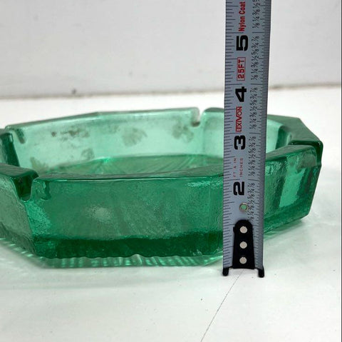 Pressed Glass Green Octagonal Ashtray Textured Linear Pattern Vintage 7.5 Inch