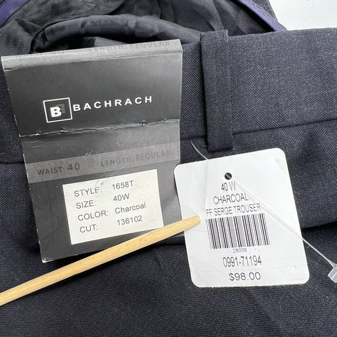 Bachrach NWT Charcoal Super 120s Serge Unhemmed Trousers Men's Size 40