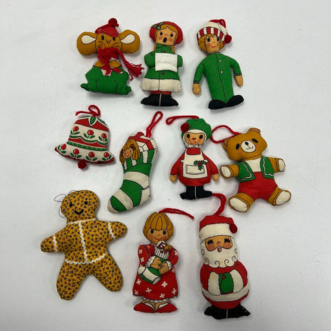 Vintage 1977 Stuffed Cloth Christmas Ornaments Lot of 10 Santa Gingerbread Man