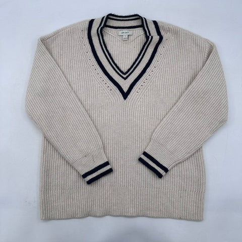 On 34th Women's Sweater Cream Navy Ribbed V-Neck Varsity Stripe Pointelle Sz M