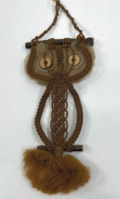 Vintage 1970s Macrame Owl & Woven Fiber Art Wall Hanging Lot Jute Feathers