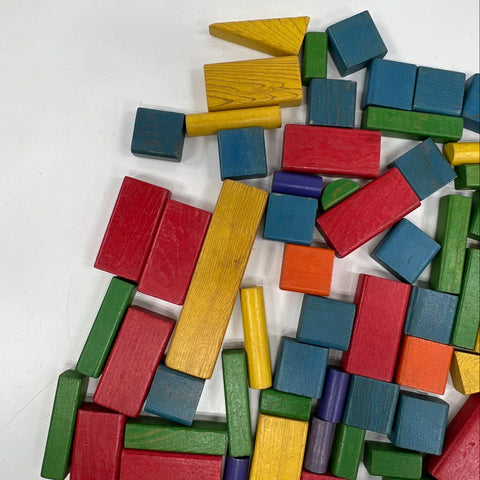 Vintage Playskool Duffle Bag O'Blocks Wooden Building Blocks Toy Lot with Bag