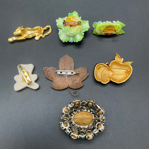 Vintage Jewelry Lot 7 Brooches Rhinestone Floral Porcelain Enamel Leopard Bear