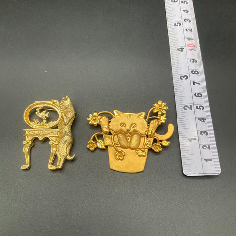 Vintage Gold Tone Cat Brooches Lot of 2 Feline Garden and Fence Designs