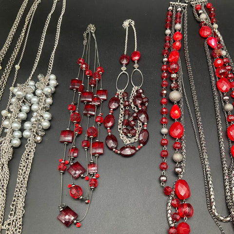 Costume Jewelry Necklace Lot of 6 Beaded Layered Fringe Red Silver Tone