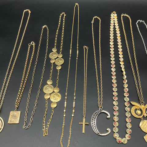 Vintage Costume Jewelry Lot of 10 Necklaces Retro Owl Cross Coin 1776 Shield