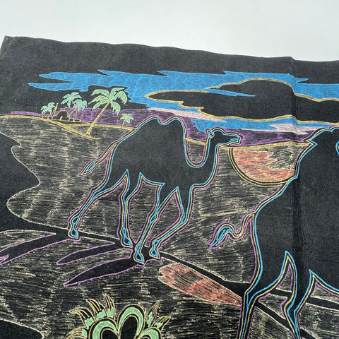 Lot 2 Vtg Unfinished Felt Velvet Art Black Americana Cowboy & Camel Desert Scene