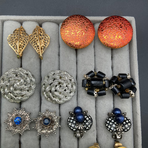 Vintage Costume Jewelry Clip-On Earrings Lot of 10 Pairs Gold & Silver Tone