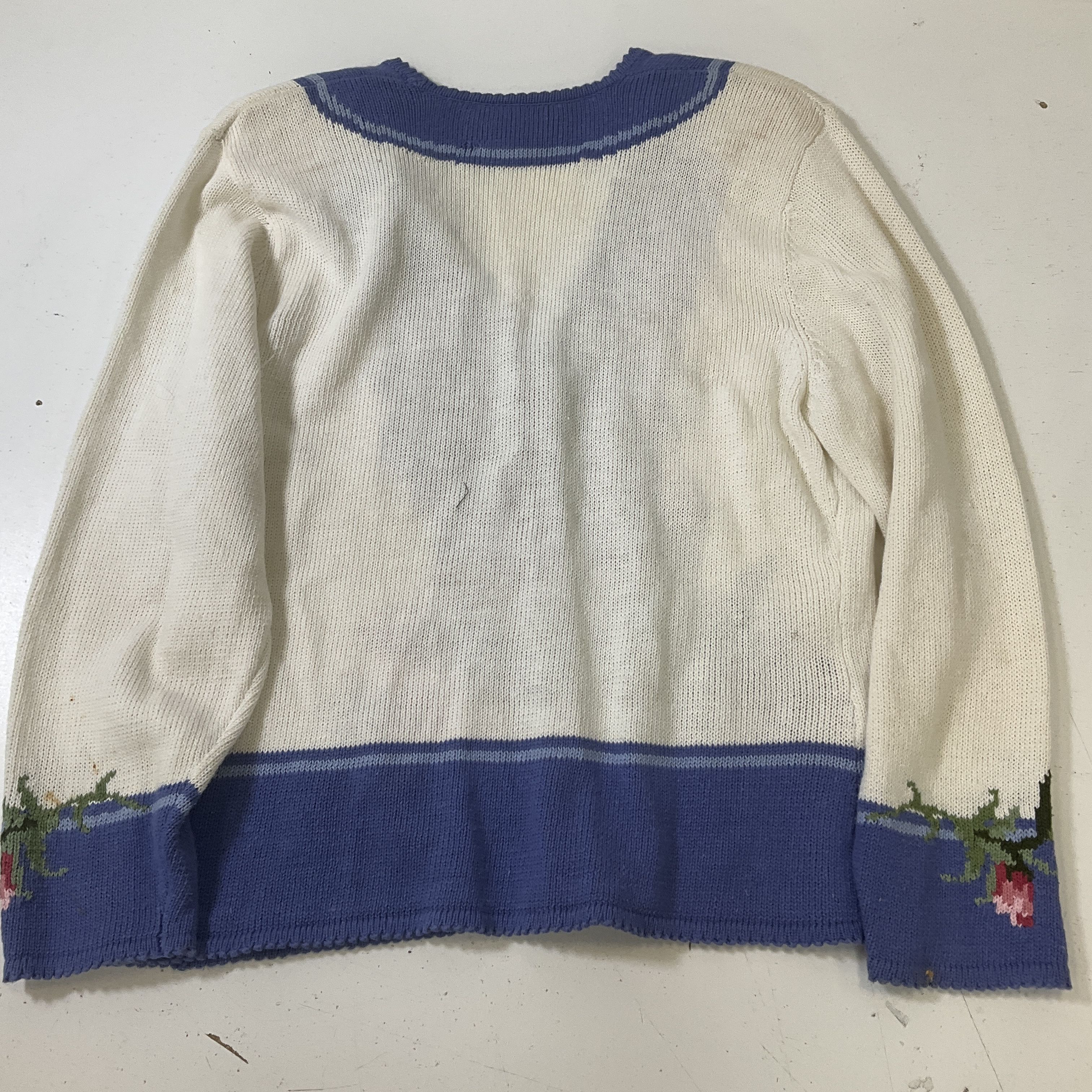 Susan Bristol New Traditions Women's White & Blue Floral Cardigan Size L Vintage
