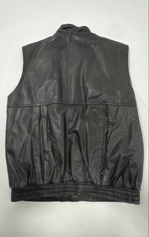 Vintage 90s Saks Fifth Avenue Men's Black Leather Vest Quilted Lining Full Zip