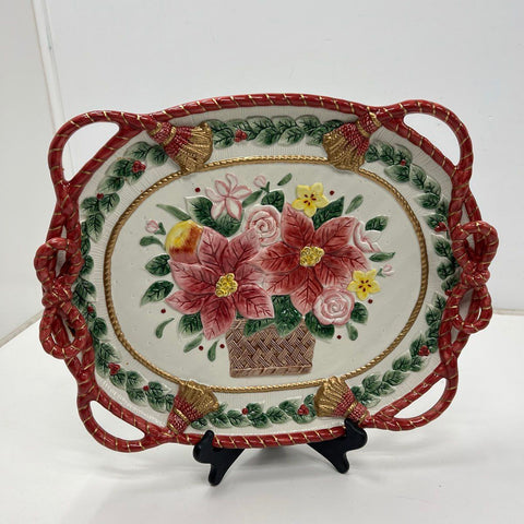 Fitz and Floyd 1995 Christmas Poinsettia Tassel Rope Ceramic Serving Platter