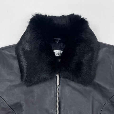 Preston & York Women's Black Lambskin Leather Jacket Rabbit Fur Collar Sz L