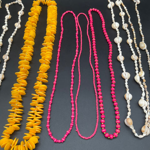 Coastal Boho Jewelry Lot of 8 Shell Beaded Yellow Disc Necklaces Vintage Modern