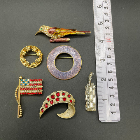 Vintage Costume Brooch Lot of 6 Rhinestone Enamel Bird Isle of Skye Flag