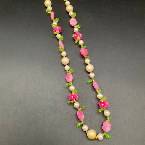 Vintage 1960s Pink Molded Bead Floral Faux Pearl Necklace Jewelry Lot of 2