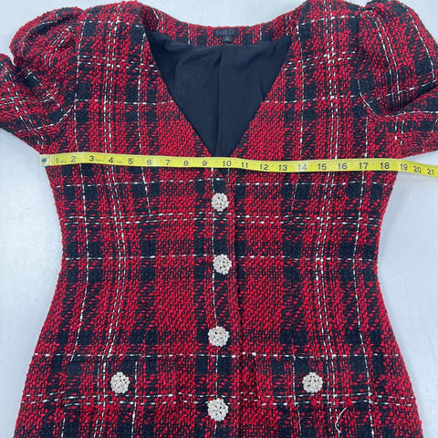 NBD Women's Red Black Plaid Tweed Crystal Button Blazer Jacket Sz M