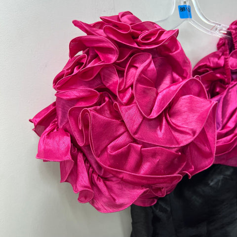 Vintage 80s Cattiva Ruffle Poof Sleeve Prom Party Dress Taffeta Pink Black Sz 10