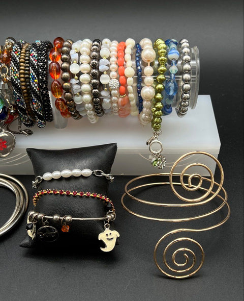 Beaded Costume Jewelry Lot of 27 Bracelets Bangles Cuff Charms Mixed Styles