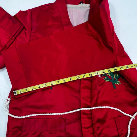 Vintage 90s Korean Red Satin Embroidered Floral Robe Dressing Gown Sz L