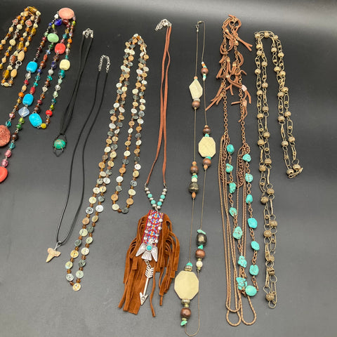 Boho Mixed Jewelry Lot 10 Necklaces Southwestern Tribal Faux Turquoise Fringe