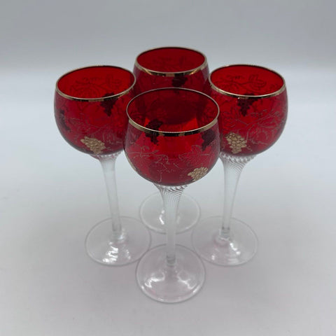 Vintage Ruby Red Wine Glasses 4 Piece Lot Etched Grapes Vines Gold Trim 7 In