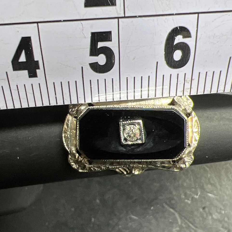 14K White Gold Filigree Art Deco Black & Clear Stone Ring Size 4 3.47g