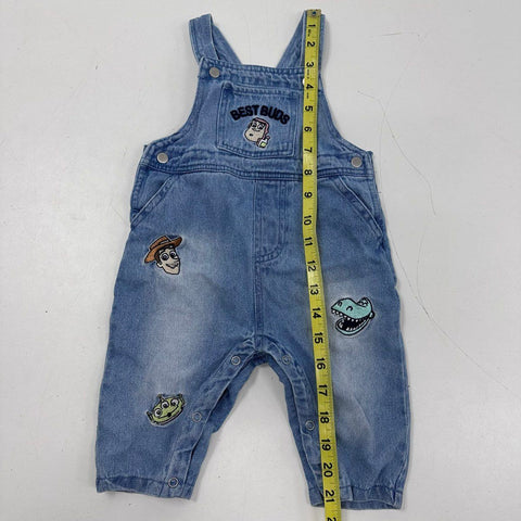 Disney Baby Toy Story Woody Buzz Best Buds Denim Overalls Romper Sz 6/9M